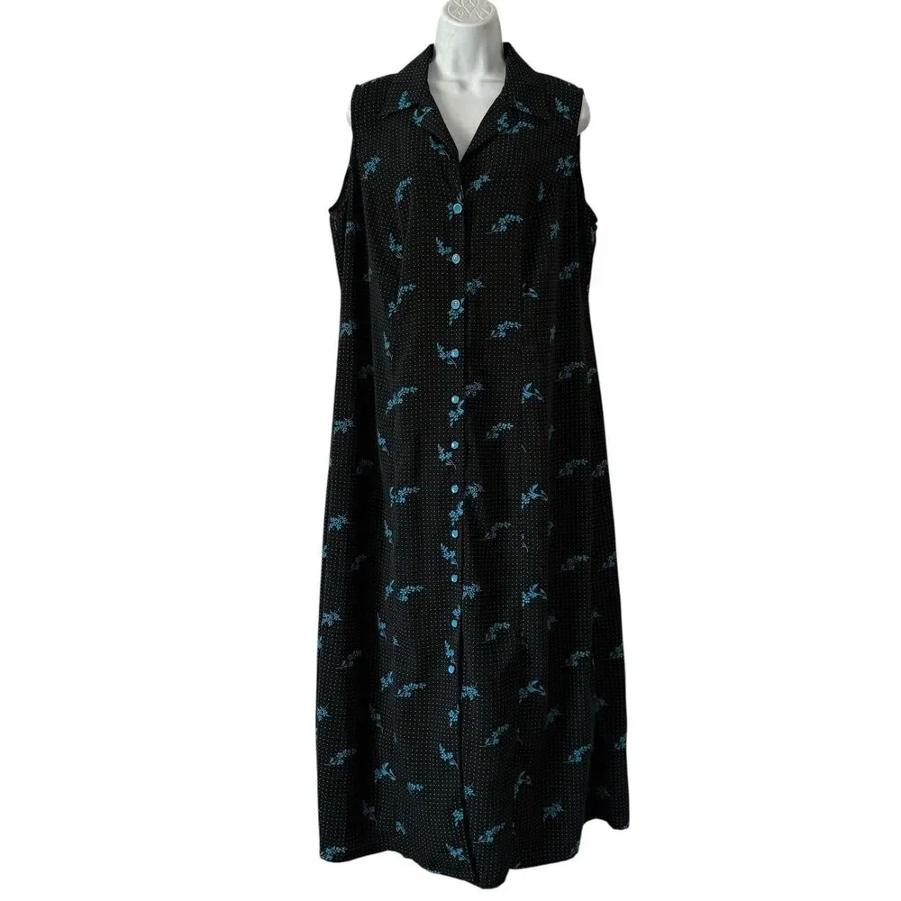Studio I Shirt Dress Womens 12W Black Blue Floral Polka Dot Sleeveless Cottage